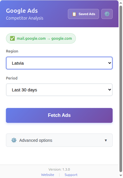 Google Ads Transparency extension popup with competitor domain entered and Fetch Ads button highlighted