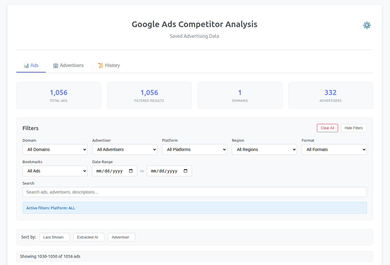 Ads viewer filter bar showing platform, format, and sorting options above the ads grid