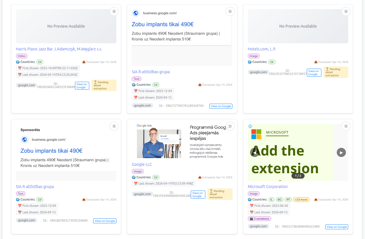 Ads viewer grid showing competitor ad cards with thumbnails, format badges, and advertiser names